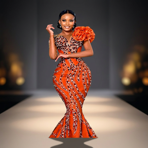 Vestido de Sirena Naranja Satinado con Estampado Floral, Transpirable, de un Solo Hombro, Cuello en V, Largo hasta el Suelo, con Volantes, para Eventos Formales - Product Image 2
