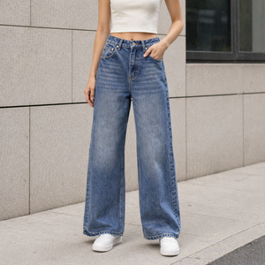 Jeans <span class=keywords><strong>pour</strong></span> femmes taille mi-haute coupe droite longueur intégrale délavé ourlet brut non extensible en denim coton polyester style décontracté streetwear vente en gros - Product Image 2