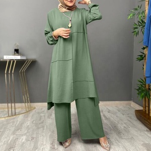 Thanh Lịch Dài Tay Áo Rộng Quần Chân Bộ Phụ Nữ Giản Dị Tracksuit Hồi Giáo Hai Mảnh Abaya Bộ Rắn Lỏng Trang Phục 2Pcs Phù Hợp Với - Product Image 2