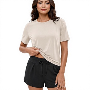 Haut court blanc à col en V et manches courtes pour femme, coupe classique, en coton tricoté, couleur unie, respirant, écologique, séchage rapide - Product Image 1