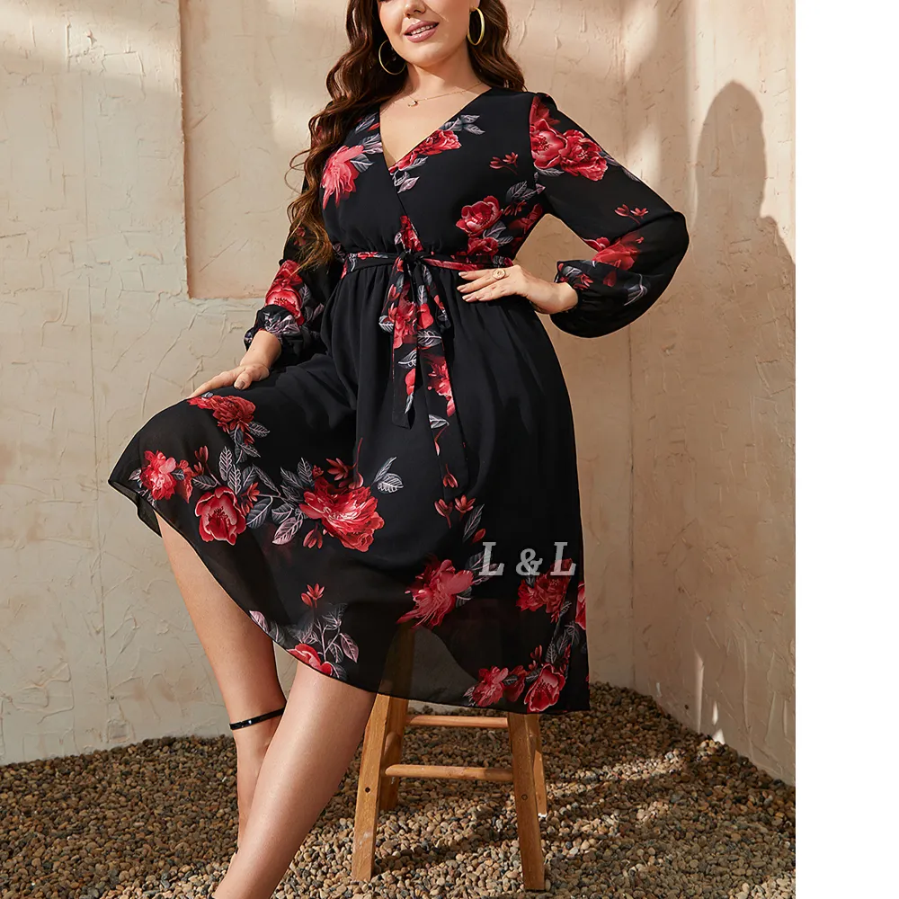 Wholesale Sexy Autumn Floral Printed Long Sleeve Lady Elegant Dress Plus Size Womens Evening Dresses With Belt