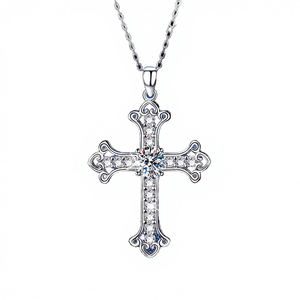 Collar con Colgante de Cruz de Plata de Ley 925 con Baño de Platino y Moissanita de 0.5ct, Joyería Fina de Moda, Estilo Bohemio de Tendencia - Product Image 1