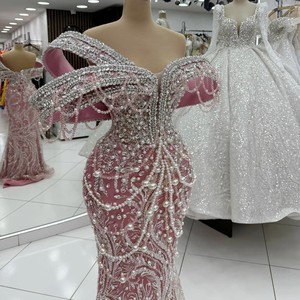 Abito <span class=keywords><strong>da</strong></span> Sera di Lusso Personalizzato in Stile Arabo di Dubai, Rosa, con Perle e Cristalli, Pizzo 3D, per Matrimoni e Feste - Product Image 4