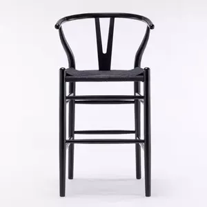 Toptan özel tasarım siyah dokuma halat koltuk katı ahşap ev Bar tezgah tabure geri salıncaklı yüksek sandalye siyah