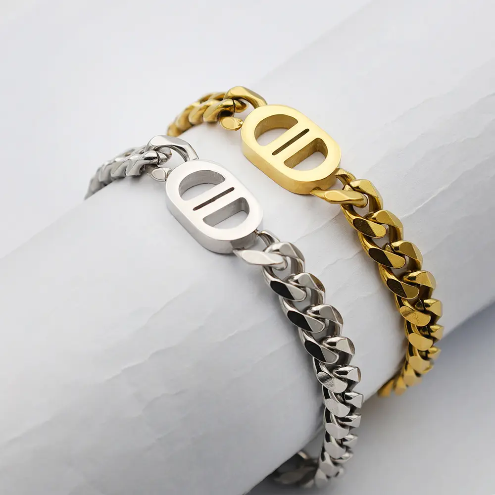 Non Tarnish Waterproof Gold Plated Jewelry Men Women Stainless Steel DD Thick Cuban Link Chain Bracelet