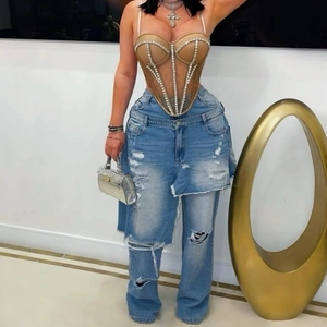 <span class=keywords><strong>Bonne</strong></span> <span class=keywords><strong>qualité</strong></span> Hip Hop déchiré <span class=keywords><strong>jean</strong></span> Stretch coupe droite bleu <span class=keywords><strong>Jean</strong></span> Sexy femmes taille haute élégant Patchwork Denim pantalon droit - Product Image 2