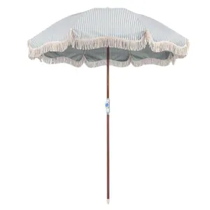 Promotional grey striped wood pole outdoor sun umbrella for garden rotan strand stoel parapluie plage Wood Outdoor Regenschirm