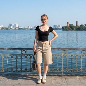 Breathable Cotton Twill <b>Khaki</b> <b>Shorts</b> For <b>Women</b> Business Casual Office Wear Private Label Garment Factory Vietnam - Product Image 1