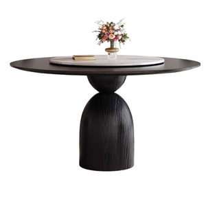 Custom Made Black Retro Round Dining <b>Table</b> And Chairs Wood Veneer Rotatable French Vintage Style For Dining Room - Product Image 4