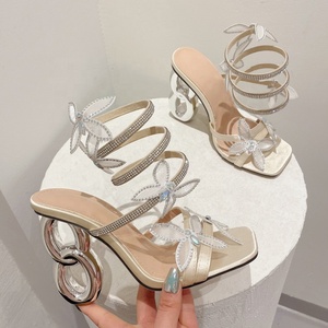 Sandales d'été pour femmes à brides croisées à la cheville, ornées de diamants, chaussures habillées scintillantes, escarpins uniques à talons hauts circulaires - Product Image 3