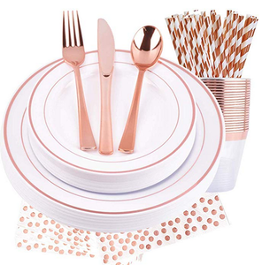 Disposable Tableware White Plastic Tray Plates With Gold Plates Tableware Dinnerware For Party Supplies