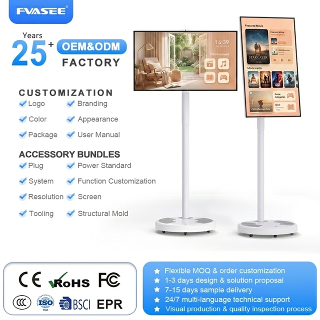 Portable 32 Inch LCD TV FHD IPS Touch Screen Mini Android 12 System Smart TV Wifi RJ45 USB NFC Stand White Cabinet LED Backlight