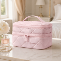 Pochette de maquillage personnalisée avec logo, rose blush, matelassée, pour femmes, double fermeture éclair, imperméable, grande capacité, avec poignée