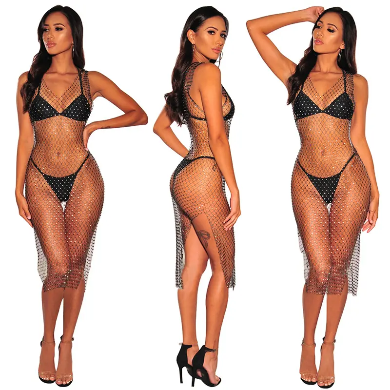 2024 yaz Beachwear kadınlar elastik kristal Mesh kapak Up Rhinestone Fishnet elbise