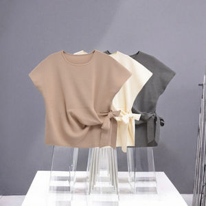 Nuevas Blusas de Verano Casuales para Mujer, Cuello Redondo, Manga Corta, Tejido de Poliéster Transpirable, con Lazo Vintage, Suaves y Anudadas - Product Image 3