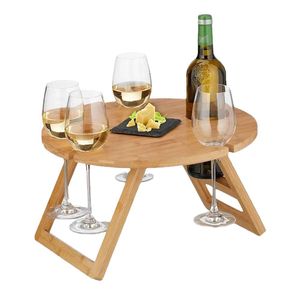 <b>Bamboo</b> Wooden Wine Glass And Bottle Holder Foldable Outdoor <b>Table</b> Tray For Picnic Snack Cheese Serving Stand - Product Image 2