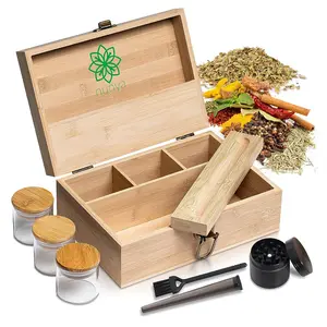 large stash box for herbs with accessories,wooden stash box with accessories,a 5 pcs kit with 3 glass jars & a rolling tray