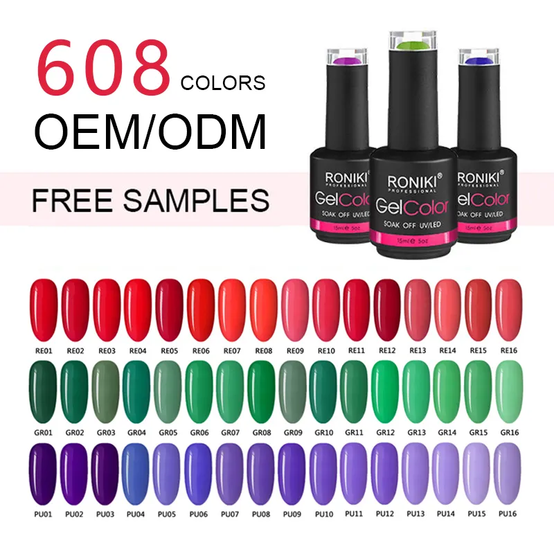 RONIKI OEM Nail Art Supplies Custom Private Label Logo UV Gel Mixed Colors Free Sample Non Toxic Gel Nail Polish