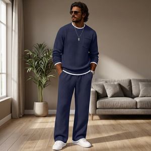 Women's Navy Blue Dot Pattern Knitted <b>Sweater</b> <b>Set</b> Crew Neck Full Length Pants Casual Loose Fit Breathable Cotton Material - Product Image 6