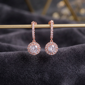 Rose Gold Plated Halo Drop Earrings with Crystal Rhinestones for Women Romantic Wedding Jewelry - Product Image 1