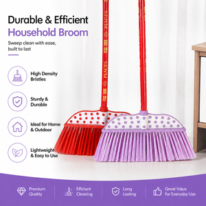 Escoba Profesional Ligera para Interiores y Exteriores, con Cerdas Rígidas de Plástico de Alta Densidad Rojo Púrpura y Mango Largo de Madera - Product Image 1