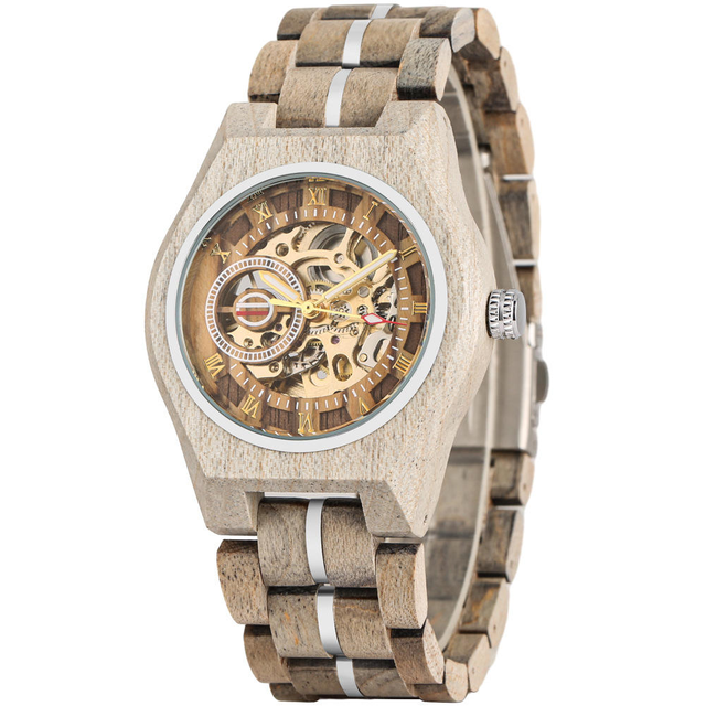 Wholesale Fashion Unique Design Advanced High Quality Business Retro Hollow Glass Wooden Mechanical Watch for Man