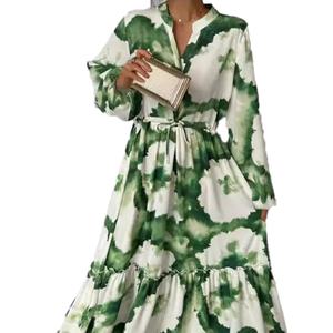 Wholesale Custom OEM High Quality Womens <b>Dress</b> Casual Fashion Waist Adjustable Long Sleeve Floral Print Long <b>Dresses</b> - Product Image 1