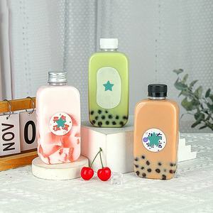 Empty Custom Logo 350ml <b>Square</b> Juice Bottle Flat Boba Milk Tea Beverage <b>Container</b> With Aluminum Cap - Product Image 2