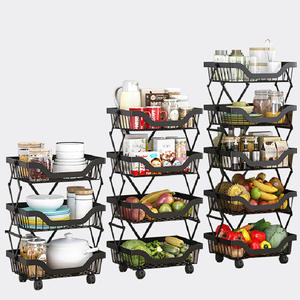 ตะกร้าเก็บของอเนกประสงค์ <span class=keywords><strong>3</strong></span> ชั้น พับได้ วางซ้อนกันได้ ทำจากโลหะ สำหรับครัว ใส่ผัก พร้อมล้อเลื่อน - Product Image 1