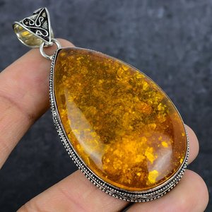 Colgante de Joyería de Estilo Bohemio Hecho a Mano con Gema de Ámbar Báltico Naranja y Baño de Plata 925, de 2.96 Pulgadas, Engastado en Canal, Regalo Unisex, el Mejor - Product Image 3