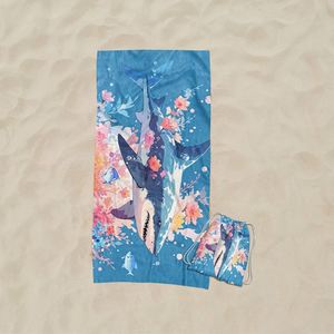 Serviette de plage rectangulaire 2-en-1 absorbante, très vendue pour l'été, avec sac de rangement intégré, motif requin et floral - Product Image 3
