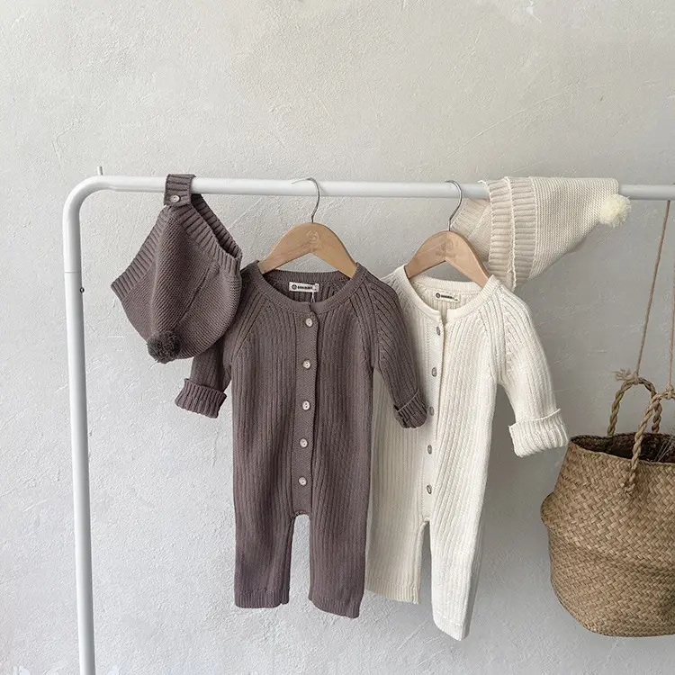 Custom Logo Autumn Newborn Infant Toddler Boys Girls Clothes Baby Knitted Rompers Long Sleeve Ribbed Cotton Baby Jumpsuit