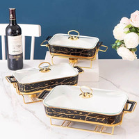 Assiettes de service de luxe modernes et écologiques pour buffet de restaurant, en céramique marbrée dorée, avec couvercle et support, compatibles micro-ondes