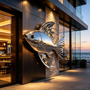 Scultura Murale di Pesci in Acciaio Inossidabile Lucidato a Specchio, Decorazione Personalizzata per Lobby in Stile Moderno e Lussuoso - Product Image 2