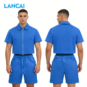Lancai Manufacturer Custom Short Sleeve Zip Cotton Shirt <b>Men</b> Blank Cotton <b>Jacket</b> Elastic Waist Acid Wash Shorts 2 <b>Summer</b> Hip Hop - Product Image 2