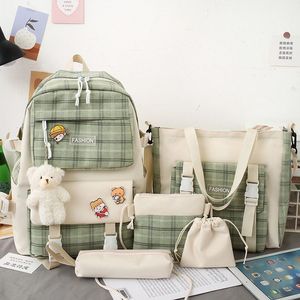 Japanese Cute Plaid Primary School Student Canvas Schoolbag Female Korean Style Trendy <b>Backpack</b> Five-Piece Set <b>Backpack</b> - Product Image 2