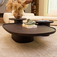 Ensemble de thé et de café en bois MDF brun noir au design minimaliste moderne et contemporain, table basse ronde en bois, 3 pièces