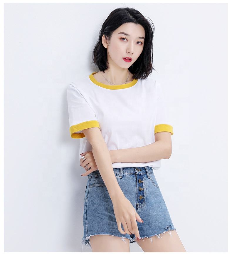 Hot 100% Cotton Wholesale Women's Plain T-shirts In Stock Customized T-shirts With Yellow Collar T-shirt 