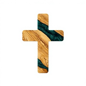 Escultura de Cruz Religiosa de Madera Estilo Art Deco Rústico con Incrustaciones de Resina Verde Azulado, Lavable, para Decoración del Hogar, Sala de Estar, Regalo de Bautizo - Product Image 1