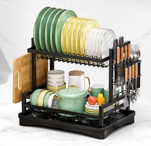 Kitchen Wall Mounted Double Tier Multi-functional <b>Dish</b> Organizer <b>Rack</b> Drainer Stand Waterproof Metal Storage for Chopsticks Sink - Product Image 1