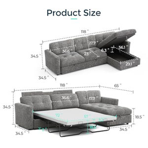 <span class=keywords><strong>Canapé</strong></span>-lit sectionnel surdimensionné avec lit escamotable et chaise longue de rangement – Confortables canapés modulaires en L pour appartement et dortoir - Product Image 2