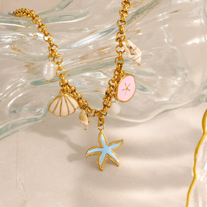 Collier en acier inoxydable avec pendentif étoile de mer et coquillage, plaqué or 18 carats, chaîne de clavicule, style vacances à la plage, bijoux superposés - Product Image 3