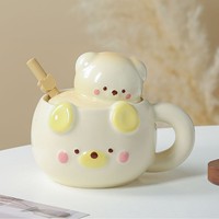 Mug en céramique écologique de luxe, motif ours créatif et mignon, avec couvercle et cuillère, compatible lave-vaisselle et micro-ondes, impression personnalisable pour entreprises