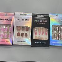 Faux ongles en gel solide, style classique Old Money, finition chrome pailleté, forme amande carrée, French, brillants, avec colle, nouvelle arrivée