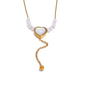 JINYOU 3873 Elegant Artificial Pearls Chain Heart Natural Stone Pendant Necklace Women Golden Stainless Steel Exquisite Jewelry
