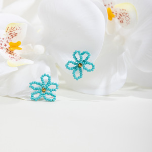 Flower Stud Earrings <b>Blue</b> <b>Beaded</b> 18K Gold Center Stainless Steel Post Gift Jewelry - Product Image 4