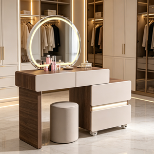 Coiffeuse minimaliste moderne avec miroir ovale éclairé et tiroirs de rangement, table de maquillage pour chambre à coucher avec tabouret - Product Image 3