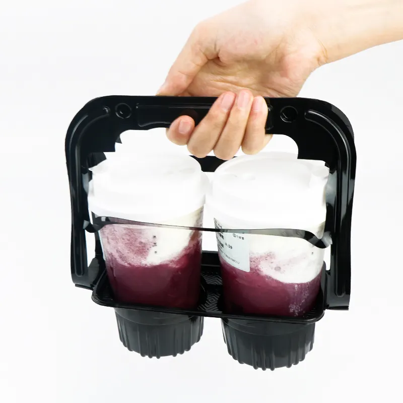 Özel sıcak ve soğuk buz süt çay kahve kupası tutacağı organizatör 4 delik siyah katlanabilir plastik kolu ile içecek taşıyıcı gitmek