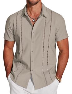 Camisa de Hombre de Manga Corta Estilo <span class=keywords><strong>Guayabera</strong></span>, Tela de Lino, Cierre de Botones, Informal de Playa para Verano, Ligera - Product Image 6