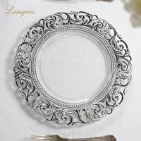 Assiette de présentation vintage en plastique transparent argenté, 13 pouces, assiette décorative vintage pour la mise en table de mariage ou de banquet